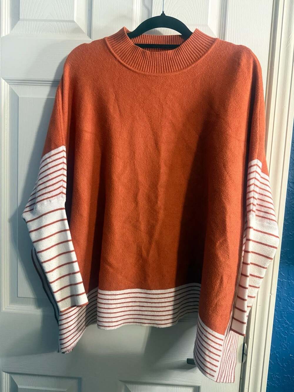 Crosstree Lane Orange Striped Mock Neck Poncho Sweater